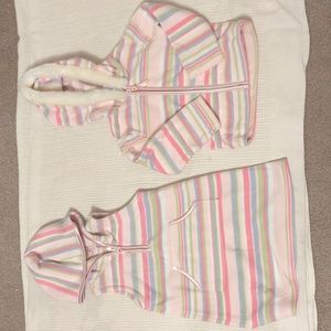 Old Navy matching stripe warm, fuzzy jacket and vest pink, green, and blue Sz 2T